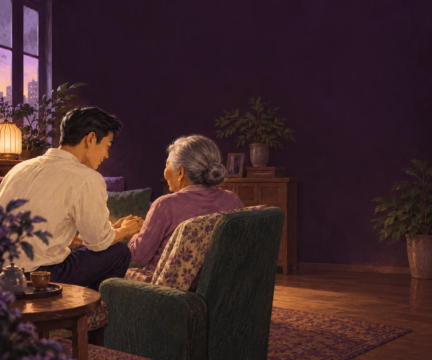 An original illustration of a son holding his elderly mother’s hand